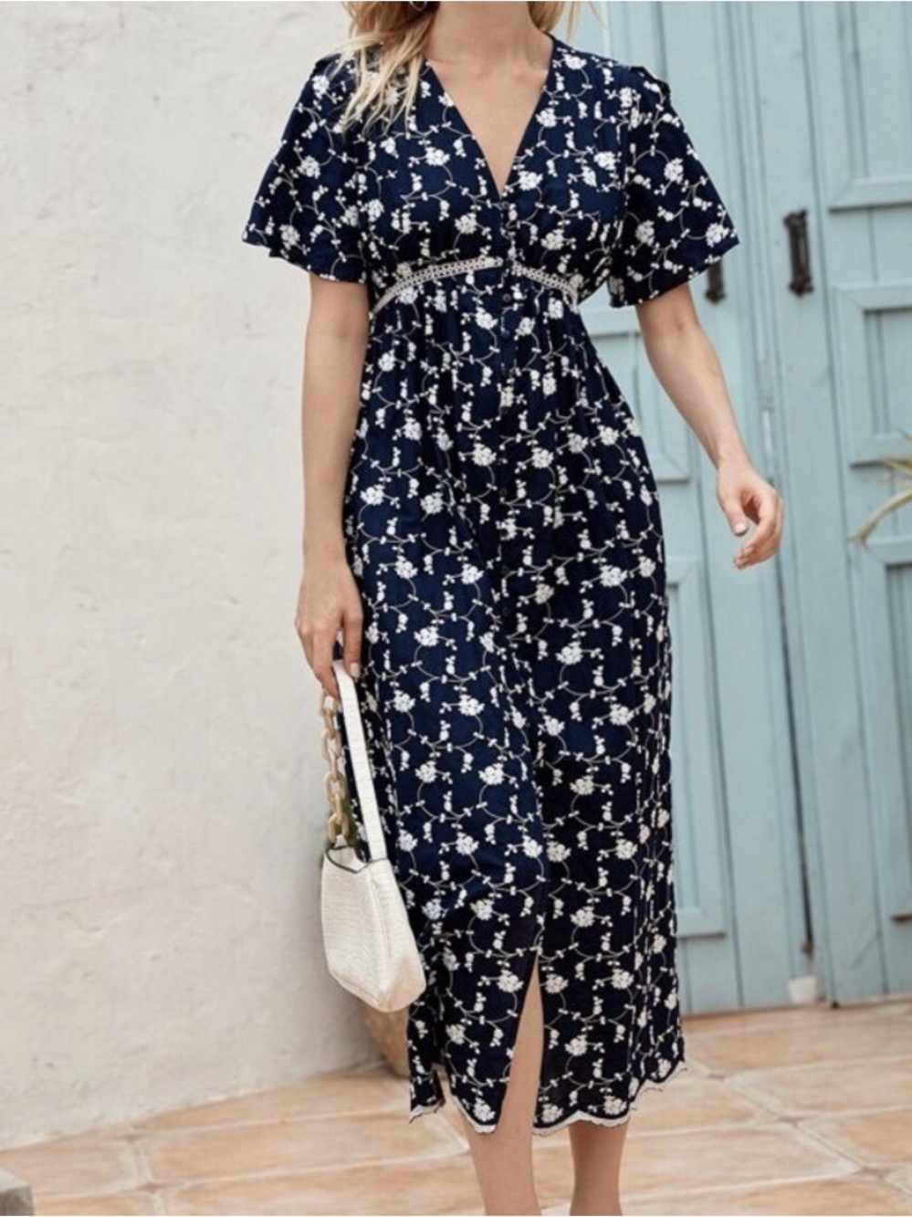 Zara Floral V-Neck Midi Dress in Navy